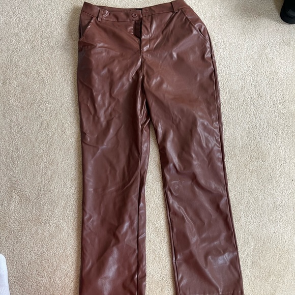 PRETTYLITTLETHING Brown Leather Pants Size 10 WORN TWICE - Picture 1 of 4